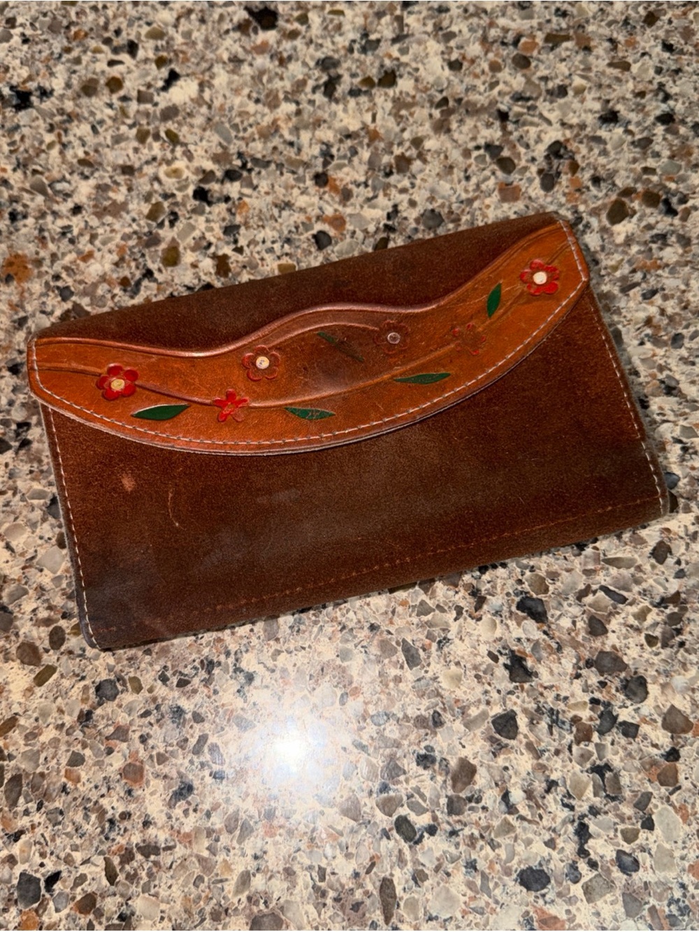 Brown Suede Hand Painted Hand Made Wallet Vintage Brasil Boho Western Retro 70s